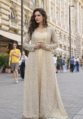 Beige Embroidered Creap Silk Indo Western Set