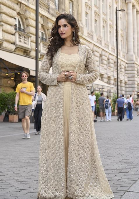 Beige Embroidered Creap Silk Indo Western Set