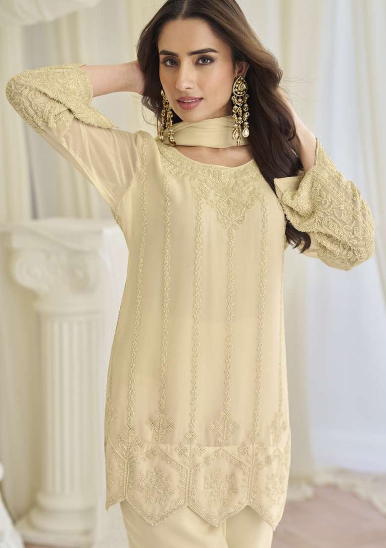 Beige Embroidered Chinon Silk Salwar Kameez - Indya