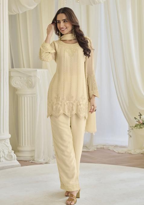 Beige Embroidered Chinon Silk Salwar Kameez