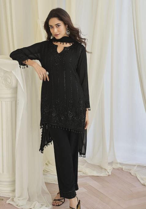 Black Embroidered Chinon Silk Salwar Kameez