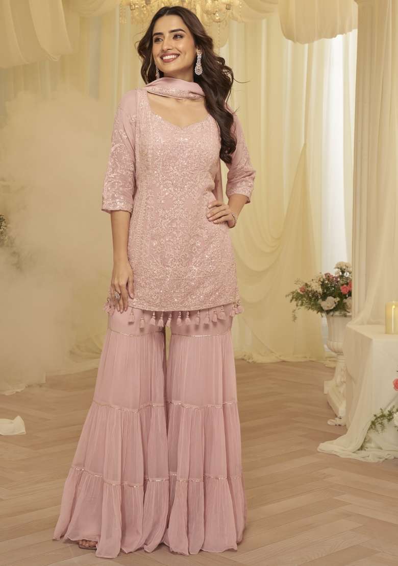 Pink Embroidered Georgette Sharara Set - Indya