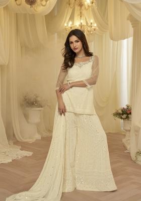 Off White Embroidered Georgette Sharara Set