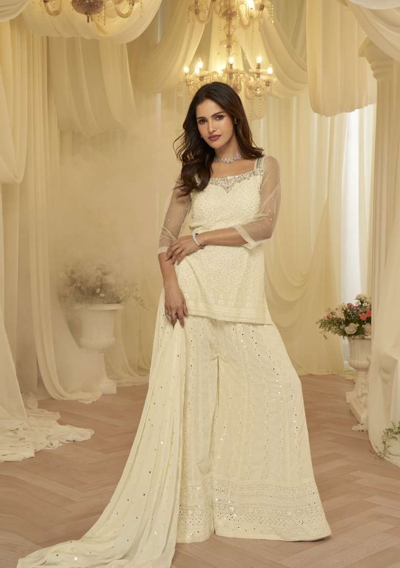 Off White Embroidered Georgette Sharara Set - Indya
