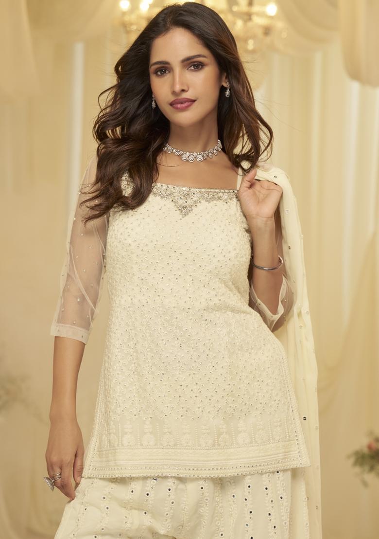 Off White Embroidered Georgette Sharara Set - Indya