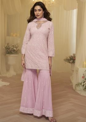Pink Embroidered Georgette Sharara Set