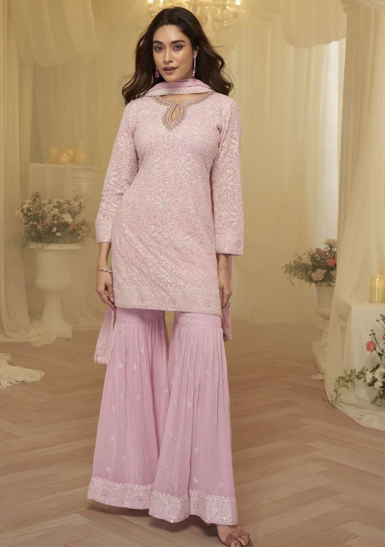 Pink Chikankari Georgette Sharara Set - Indya