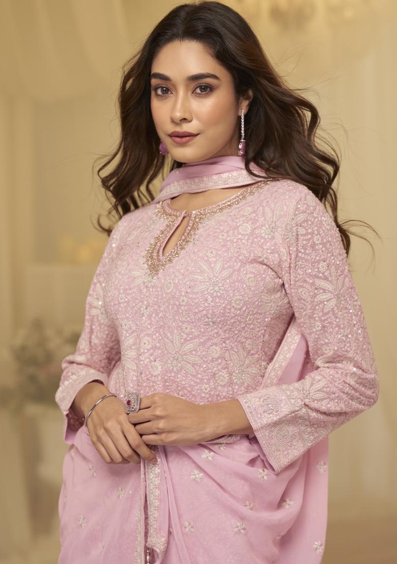 Pink Embroidered Georgette Sharara Set - Indya