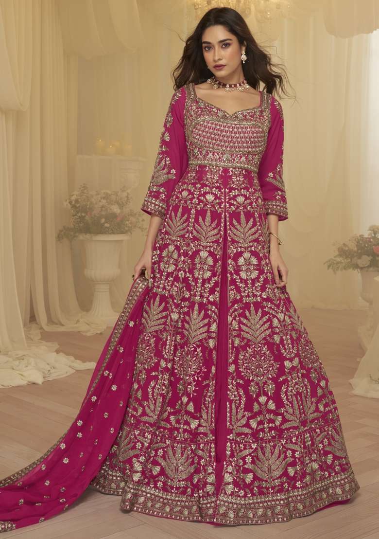 Rani Pink Embroidered Georgette Anarkali Set - Indya