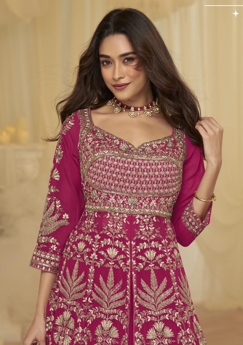 Rani Pink Embroidered Georgette Anarkali Set - Indya