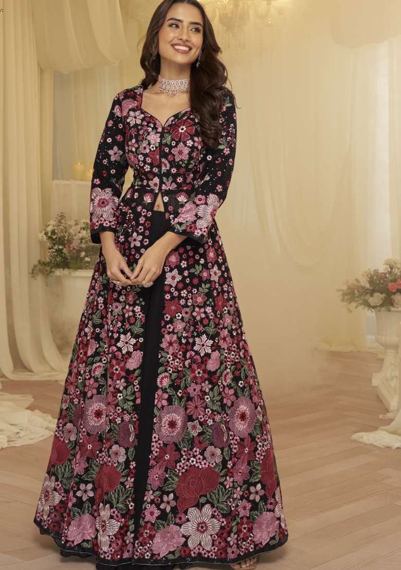 Black Embroidered Georgette Anarkali Set - Indya