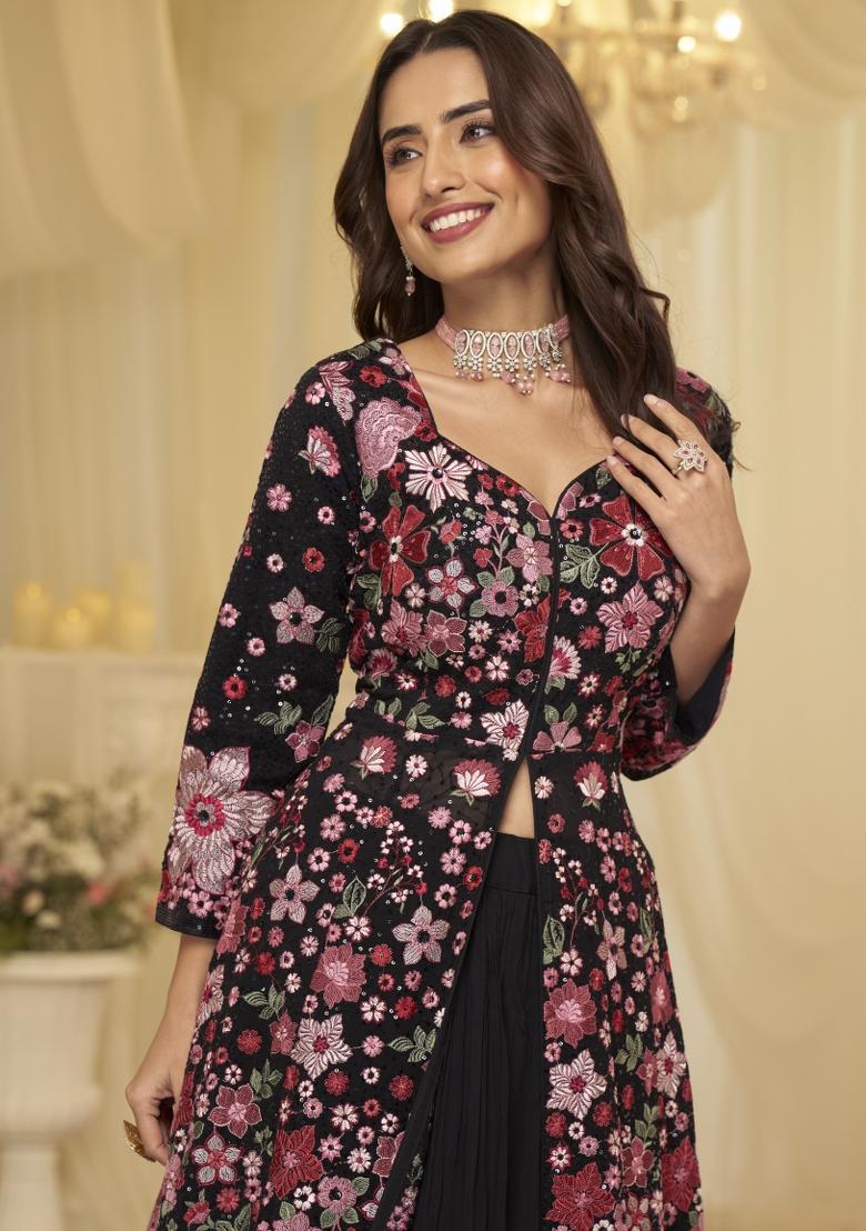 Black Embroidered Georgette Anarkali Set - Indya