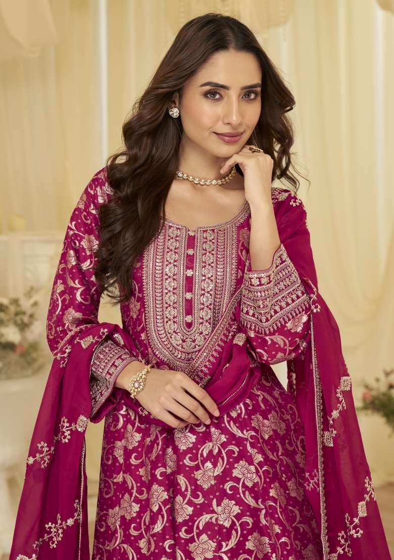 Rani Pink Embroidered Viscose Anarkali Set - Indya