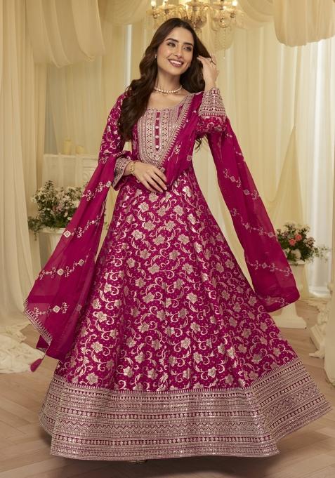 Rani Pink Embroidered Viscose Anarkali Set