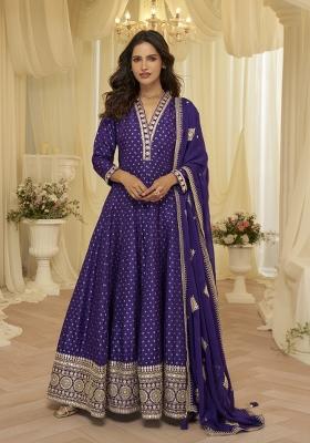 Purple Printed Viscose Anarkali Set
