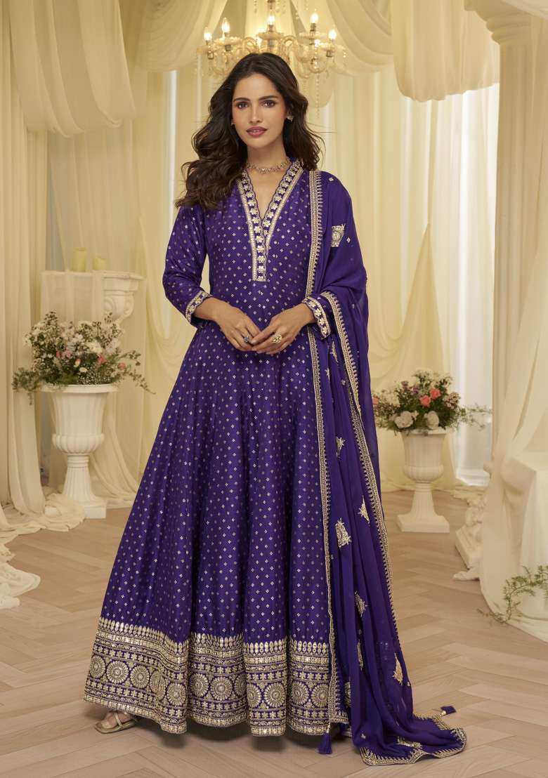 Purple Printed Viscose Anarkali Set - Indya