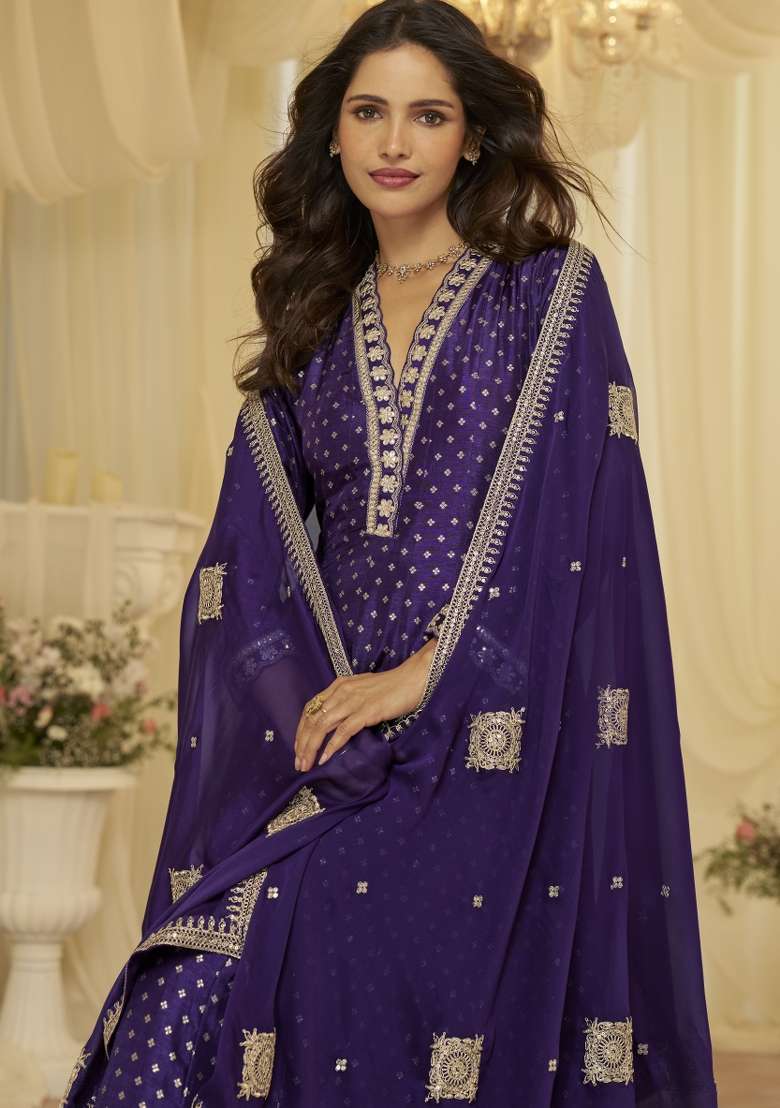 Purple Printed Viscose Anarkali Set - Indya