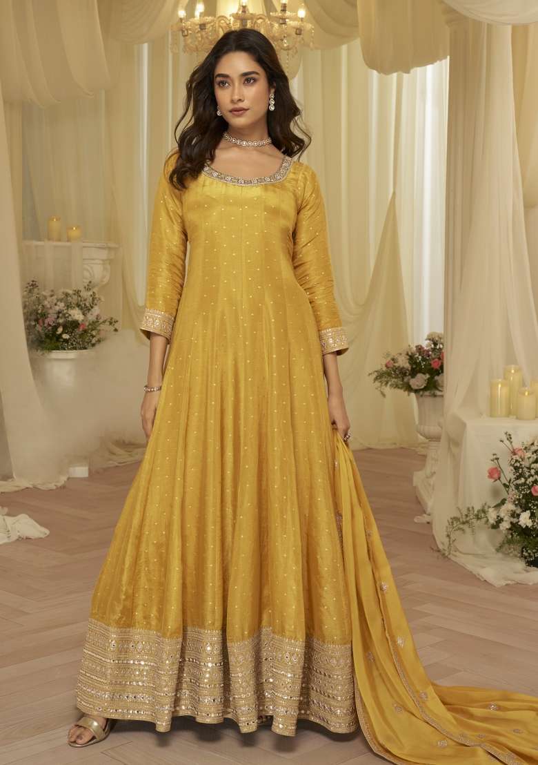 Yellow Embroidered Viscose Anarkali Set - Indya