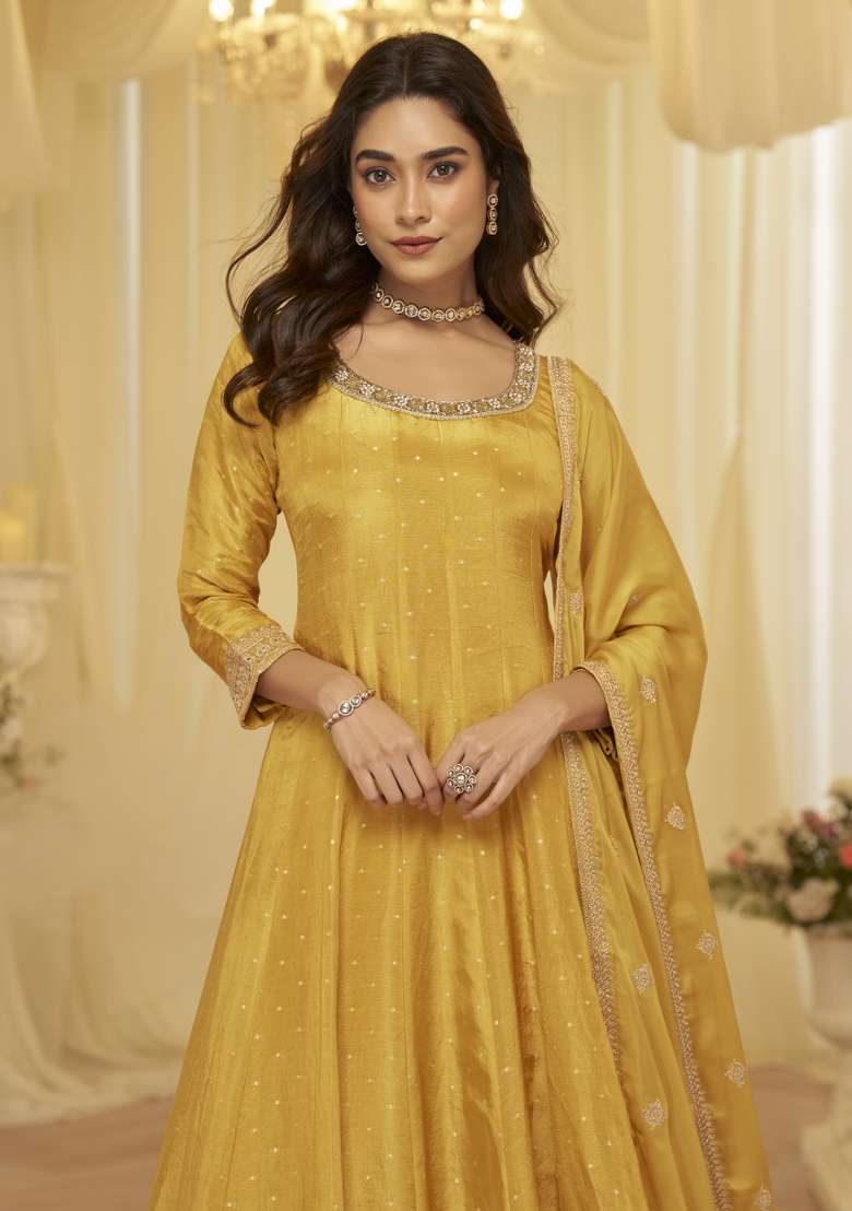 Yellow Embroidered Viscose Anarkali Set - Indya