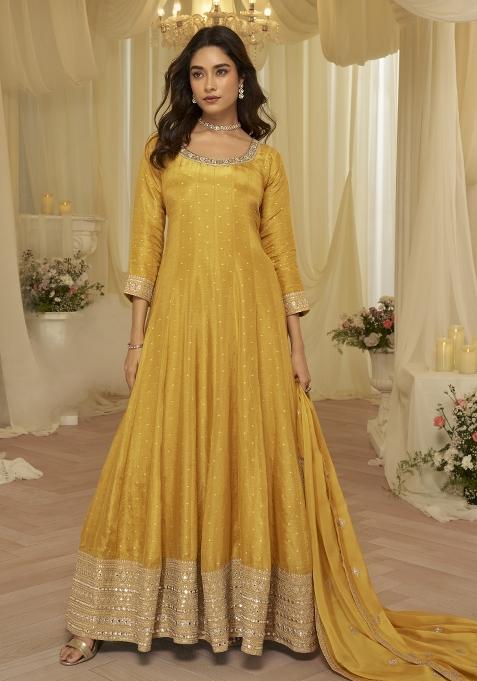 Yellow Embroidered Viscose Anarkali Set