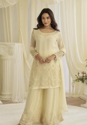 Beige Embroidered Creap Silk Sharara Set