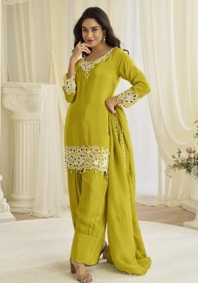 Lime Yellow Embroidered Creap Silk Salwar Kameez