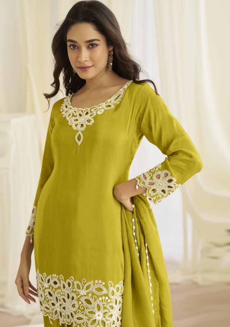 Lime Yellow Embroidered Creap Silk Salwar Kameez - Indya