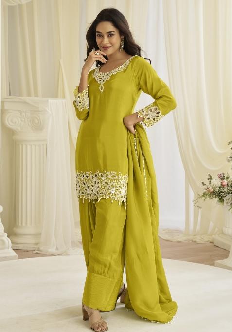 Lime Yellow Embroidered Creap Silk Salwar Kameez