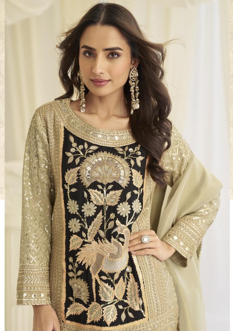Cream Embroidered Creap Silk Salwar Kameez - Indya