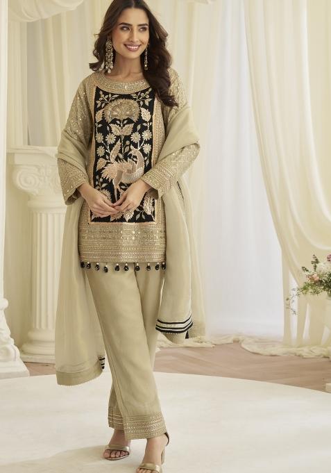 Cream Embroidered Creap Silk Salwar Kameez