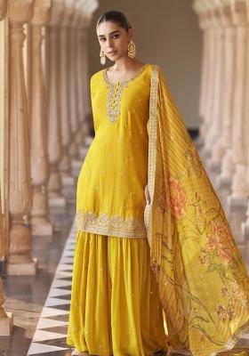 Wine Embroidered Chinnon Silk Sharara Set