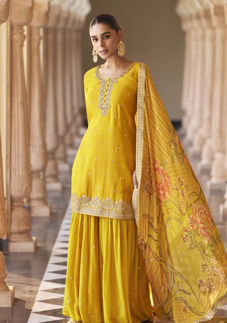 Yellow Embroidered Chinnon Silk Blend Sharara Set - Indya