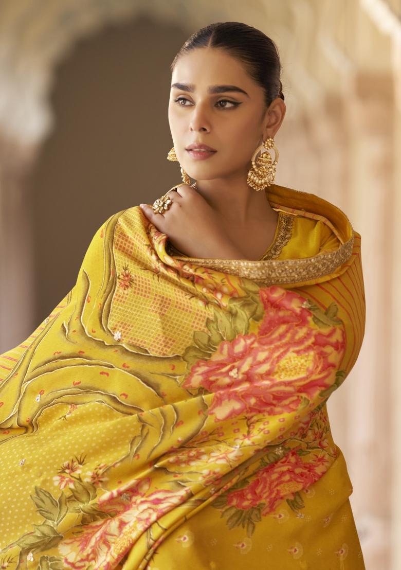 Yellow Embroidered Chinnon Silk Sharara Set - Indya