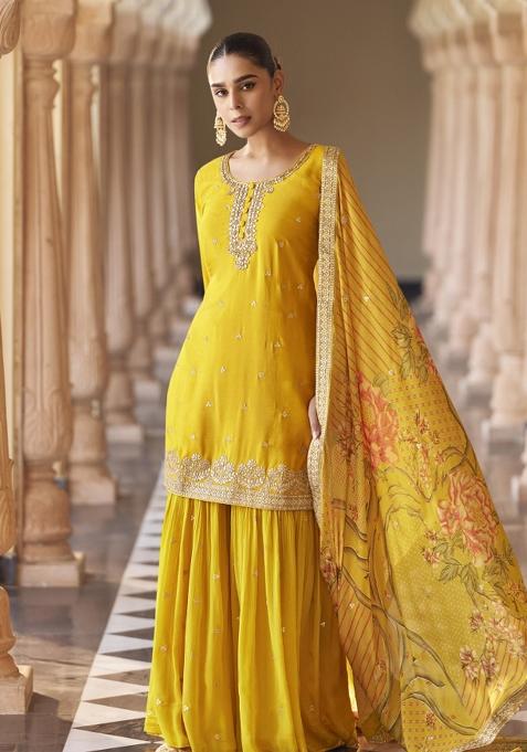 Yellow Embroidered Chinnon Silk Salwar Kameez
