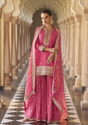 Pink Embroidered Chinnon Silk Sharara Set