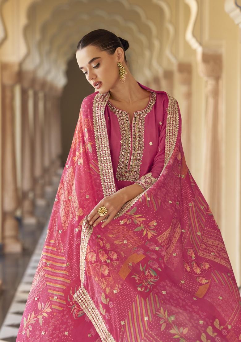 Pink Embroidered Chinnon Silk Sharara Set - Indya