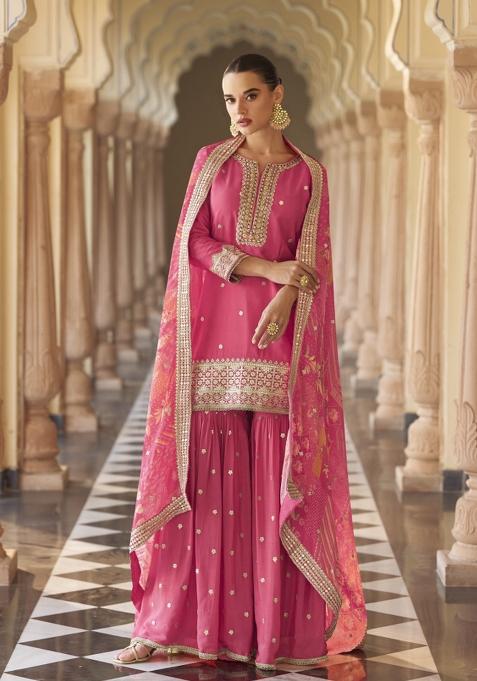 Pink Embroidered Chinnon Silk Sharara Set