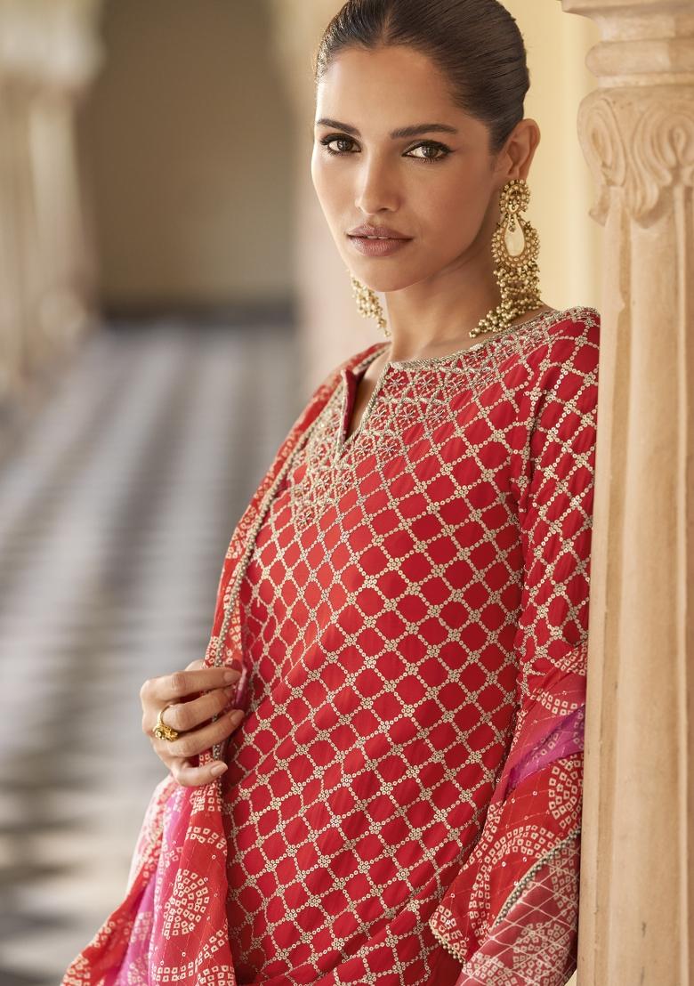 Red Embroidered Chinnon Silk Sharara Set - Indya