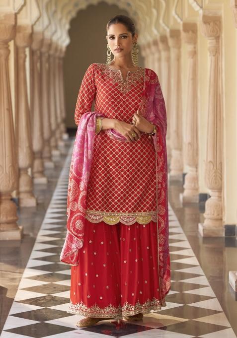 Red Embroidered Chinnon Silk Sharara Set