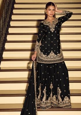 Black Embroidered Chinnon Silk Blend Sharara Set