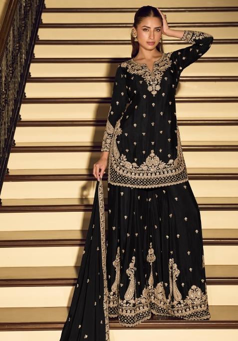 Black Embroidered Chinnon Silk Sharara Set