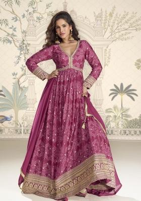 Pink Embroidered Chinnon Silk Anarkali Set