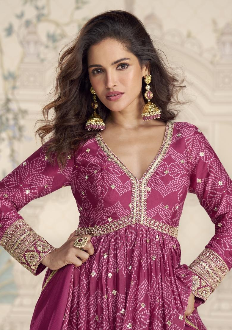 Pink Embroidered Chinnon Silk Anarkali Set - Indya