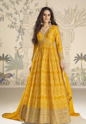Mustard Embroidered Chinnon Silk Anarkali Set