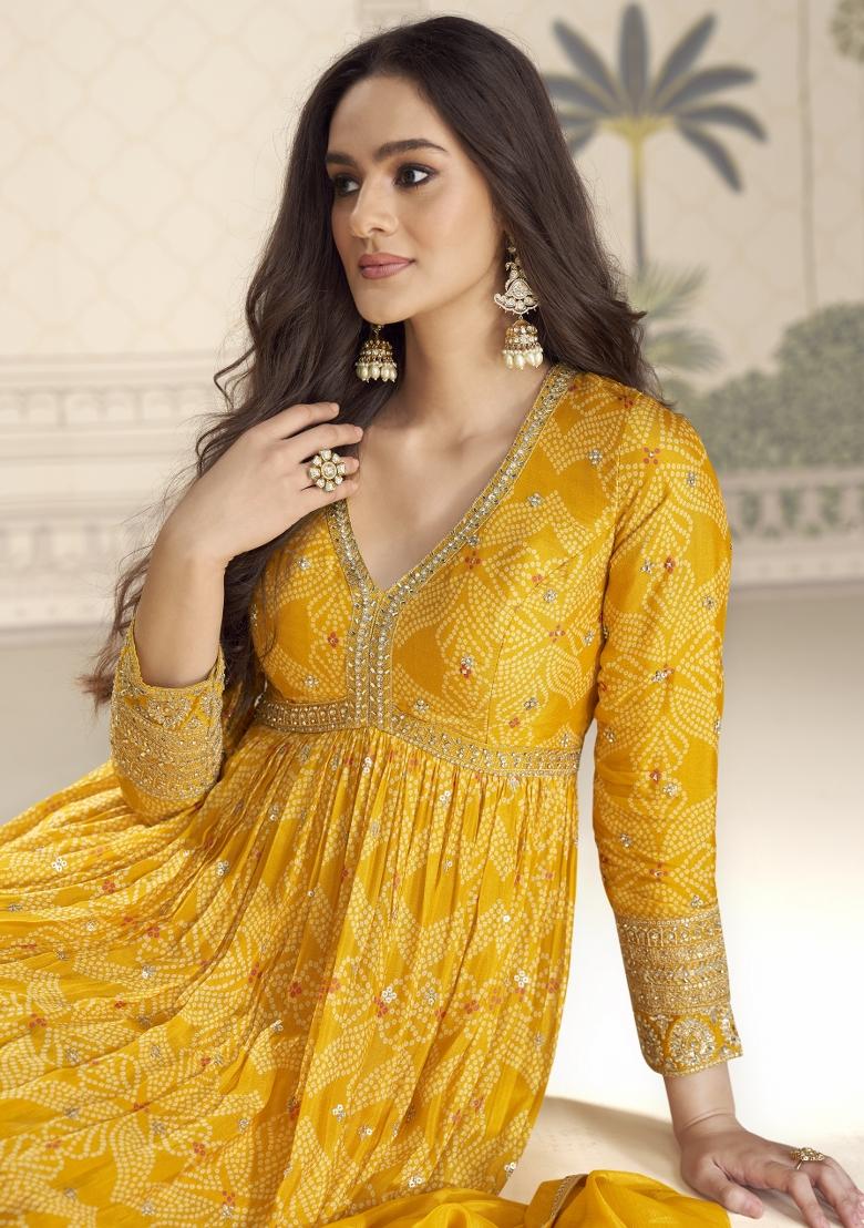 Mustard Embroidered Chinnon Silk Anarkali Set - Indya
