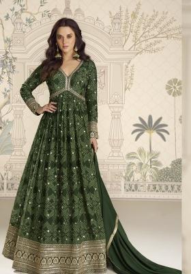 Dark Green Embroidered Chinnon Silk Anarkali Set