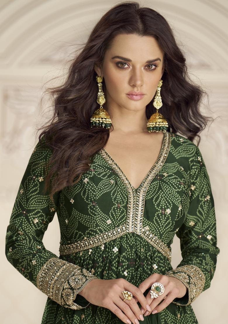 Dark Green Embroidered Chinnon Silk Anarkali Set - Indya