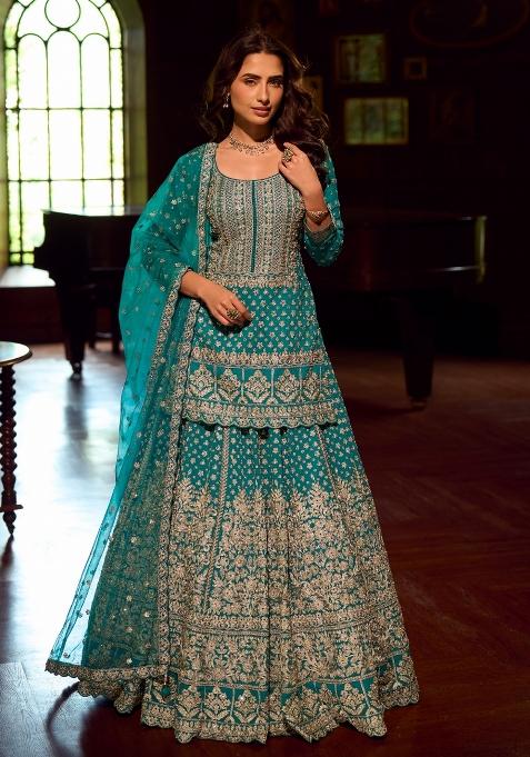 Turquoise Blue Embroidered Georgette Sharara Set