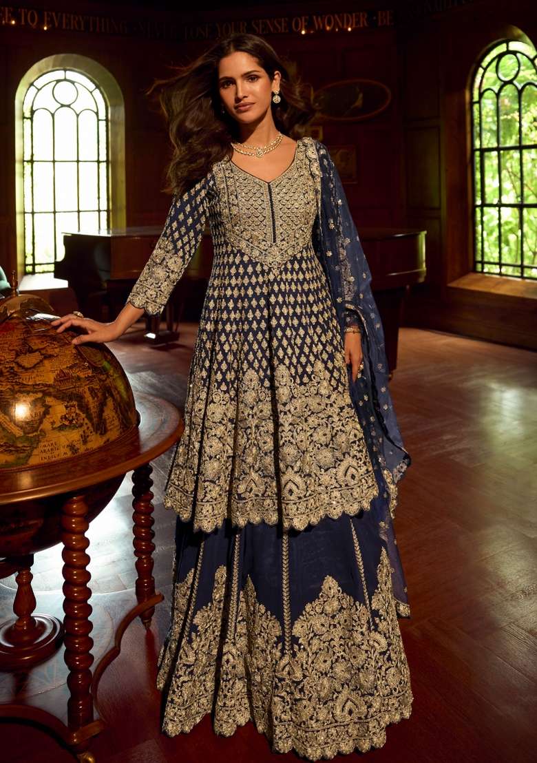 Navy Embroidered Georgette Sharara Set - Indya