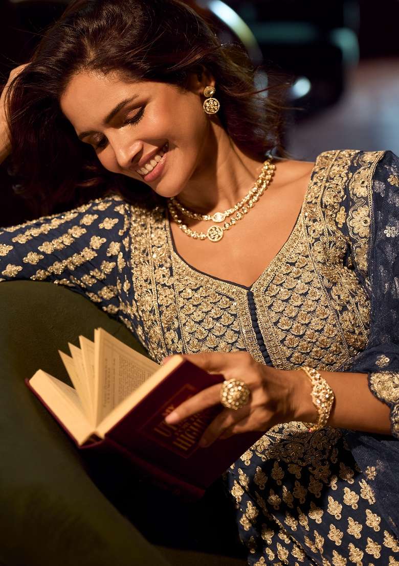 Navy Embroidered Georgette Sharara Set - Indya